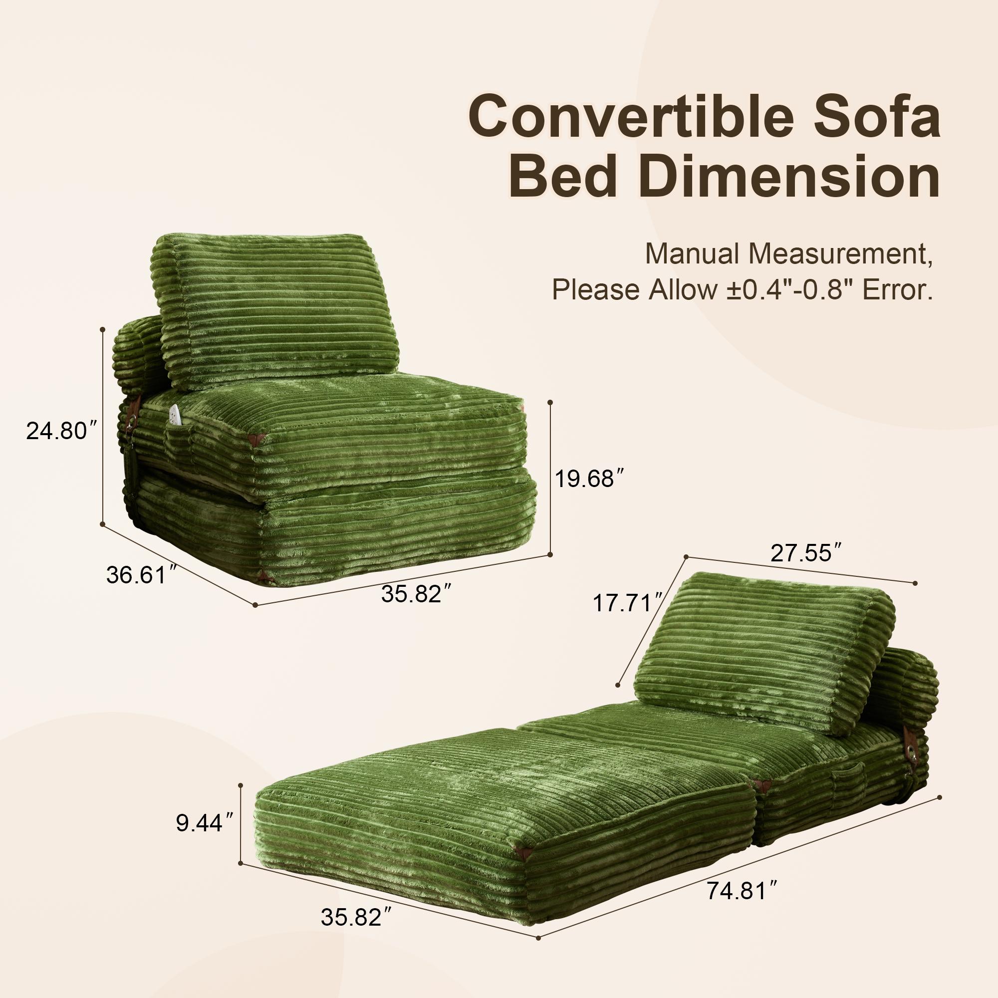 OOSWIFT 36''Corduroy Folding Sofa Bed, Convertible Sleeper Chair with Pillow Foldable Mattress with Back Support; Single & Double Size