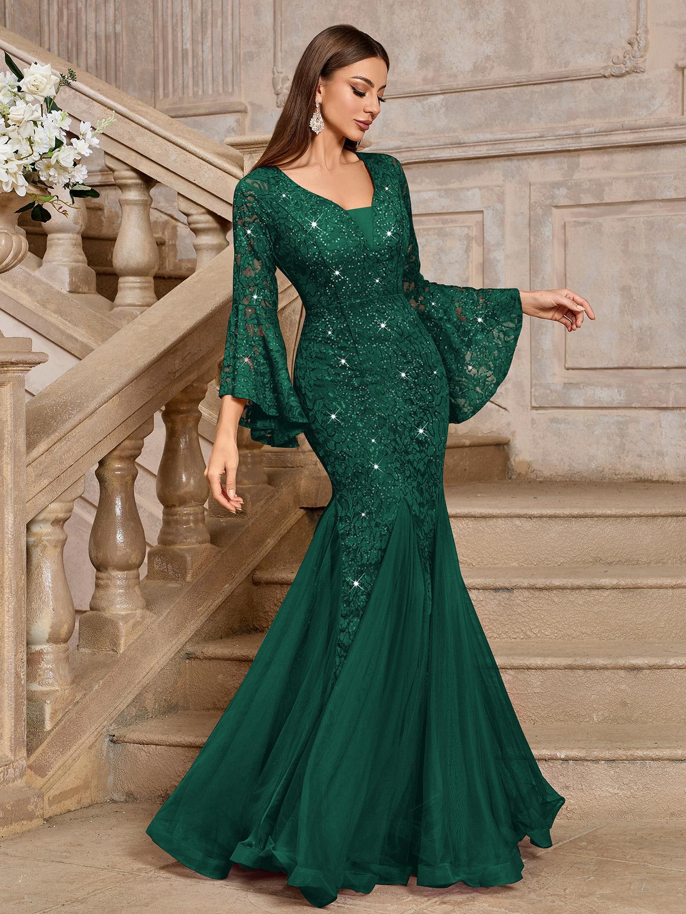 Miusol 24351A Women's Deep V Neck Sequin Floral Lace Mesh Tulle Hem Formal Evening Maxi Dress Navy Blue Elegant Design for Cocktail Parties & Evening Proms Winter wedding guest dress SpringStatements