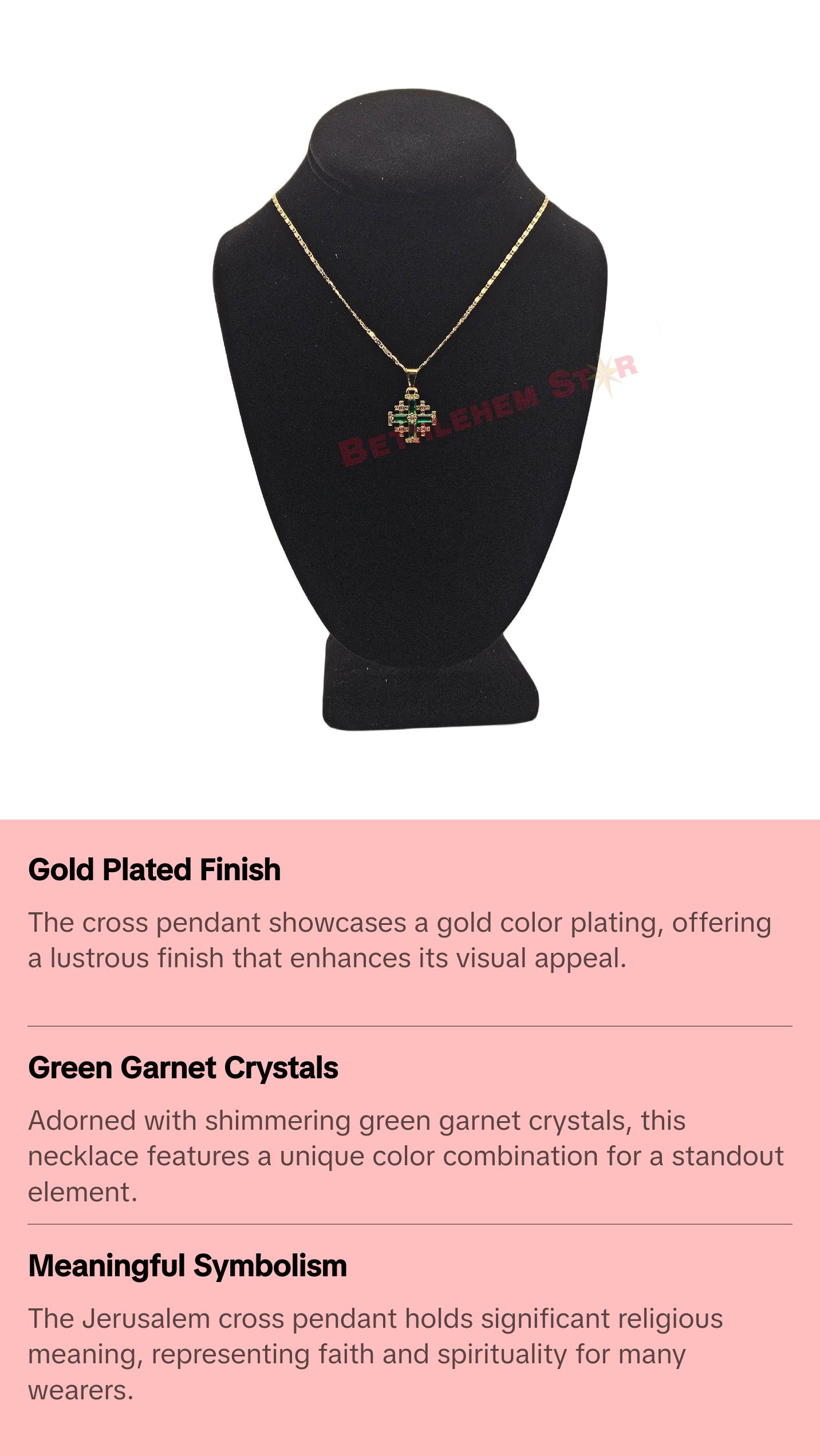 Gold Plated Jerusalem Cross Pendant Green Garnet Crystallized 20" Necklace with High-Quality Materials and Meaningful Symbolism