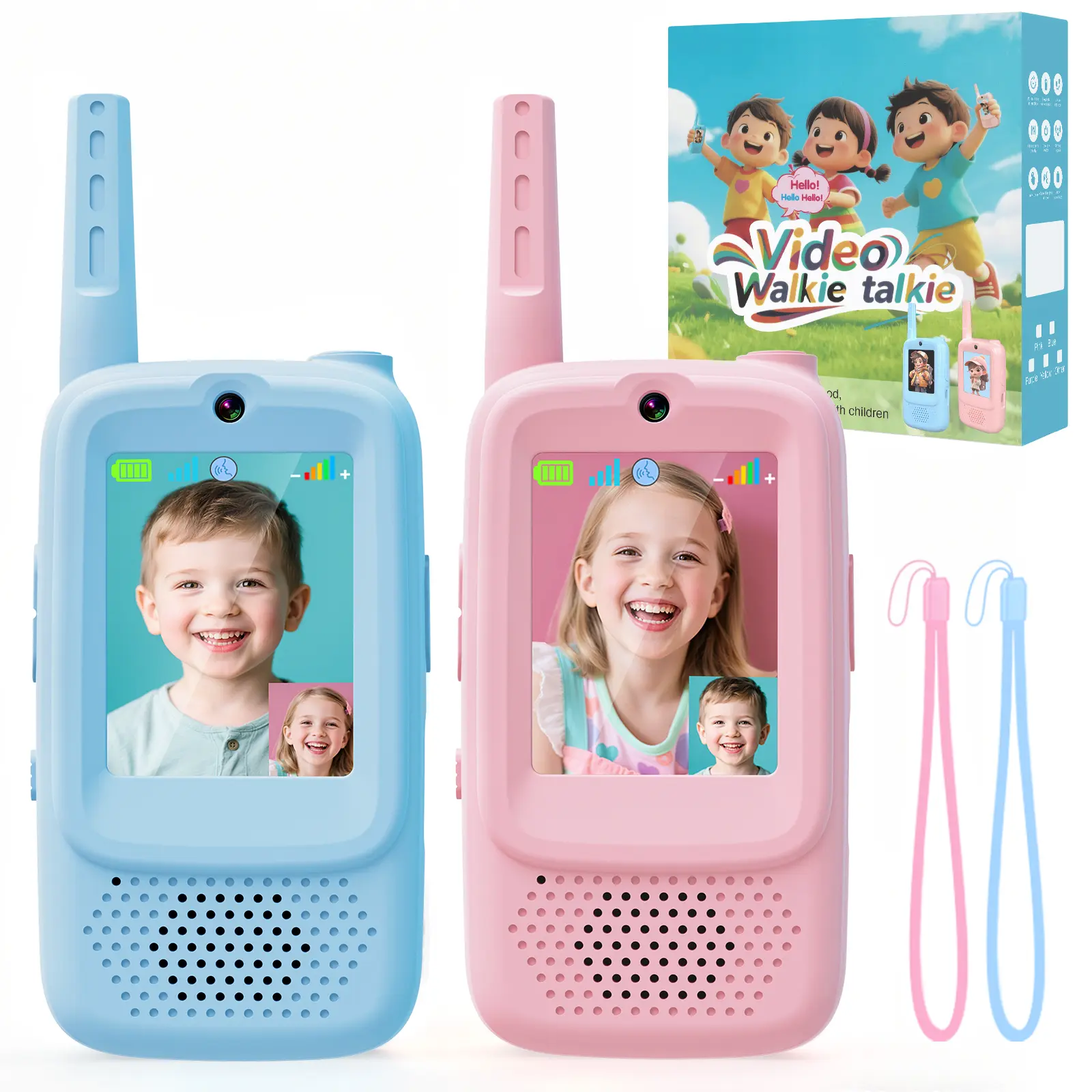 Careenoah Video Walkie Talkies for Kids 2 Pack with Voice   Changer 1000 Feet Range Fun Toys for Indoor Play   Camping Hiking Travel Birthday for Boys Girls Ages 3-10   Safe Communication Cartoon Character Design