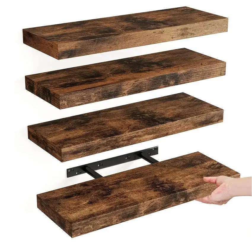 Bosniik Brown 15.8in Floating Shelves 4-Piece Set - Invisible Brackets, Artificial Wood Frosted Surface, 20 lb Capacity, Easy Assembly, 15.75x5.7 in - Bathroom Plant Spot, House Decor, Cool & Aesthetic Room Decor Wooden Wall Shelves