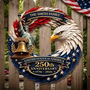 Personalized 250th Anniversary USA Wood Sign, Custom Family Name Patriotic Door Hanger, United States 1776-2026 Commemorative Plaque, Historical Independence Day Celebration Gift, Premium 4th of July Welcome Sign