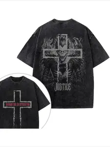 Men's washed street brand street style 100% cotton T-shirt with cross skull and justice print, suitable for casual wear, nightlife activities and urban fashion, front and back printed vintage heavy T-shirt, perfect gift, loose