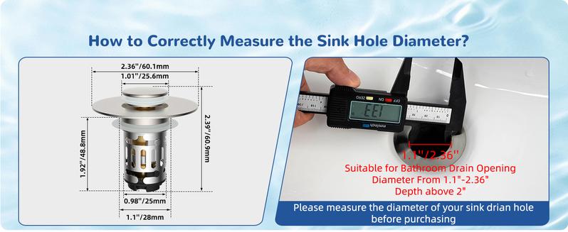 Hibbent Upgraded 3 in 1 Bathroom Sink Drain Strainer, Universal Pop Up Stopper with Removable Stainless Steel Filter Basket Hair Catcher, Sink Plug for 1.1''~2.36'' Basin, Brass Core, Brushed Nickel