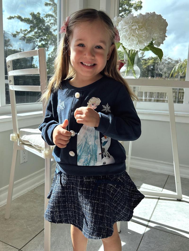 Disney Frozen Elsa Stitch Princess Moana Minnie Toddler Girl 2 Piece Outfit Pearl Button Knit Top & Tweed Skirt Set 2-6Y