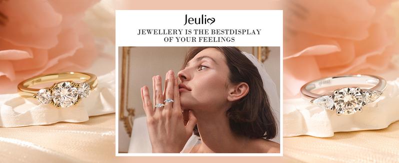 Jeulia 1 Ct 3-Stone Moissanite Engagement Ring for Women, Round Cut Solitaire Promise Ring, 14K Gold Plated over Solid Sterling Silver, GRA Certificate, Promise Gift for Her