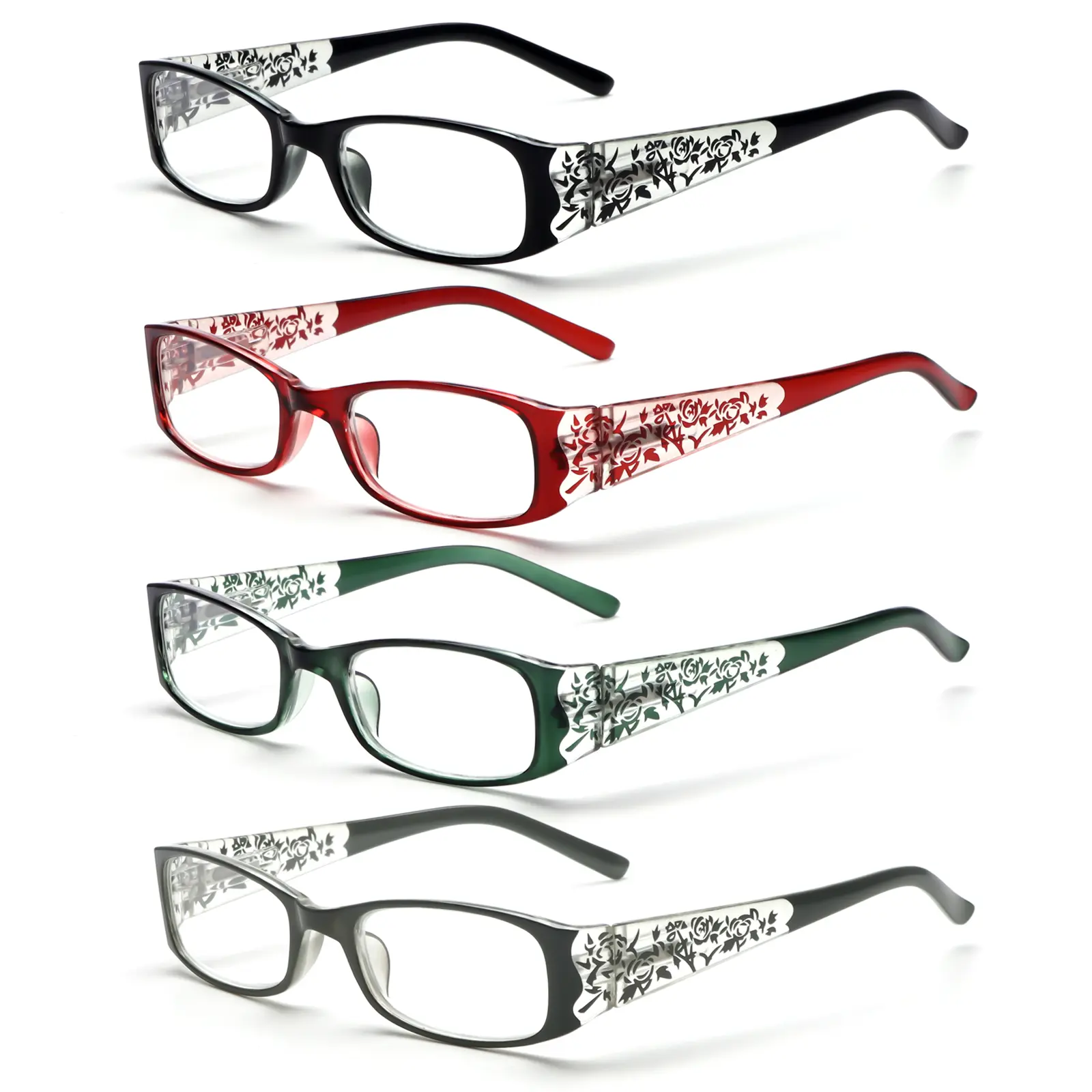 4 Pairs Square Flower-Pattern Blue Light Blocking Non-Prescription Reading Glasses, Lightweight Plastic Frames, -0 to +6.00 Diopters, Fashionable High-Quality Eyewear for Daily Office Use