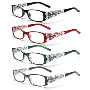 4 pairs of square flower-patterned reading glasses, with blue light protection, lightweight plastic frames, ranging from 0 to +3.75 diopters, essential for daily office use, high-quality fashionable glasses