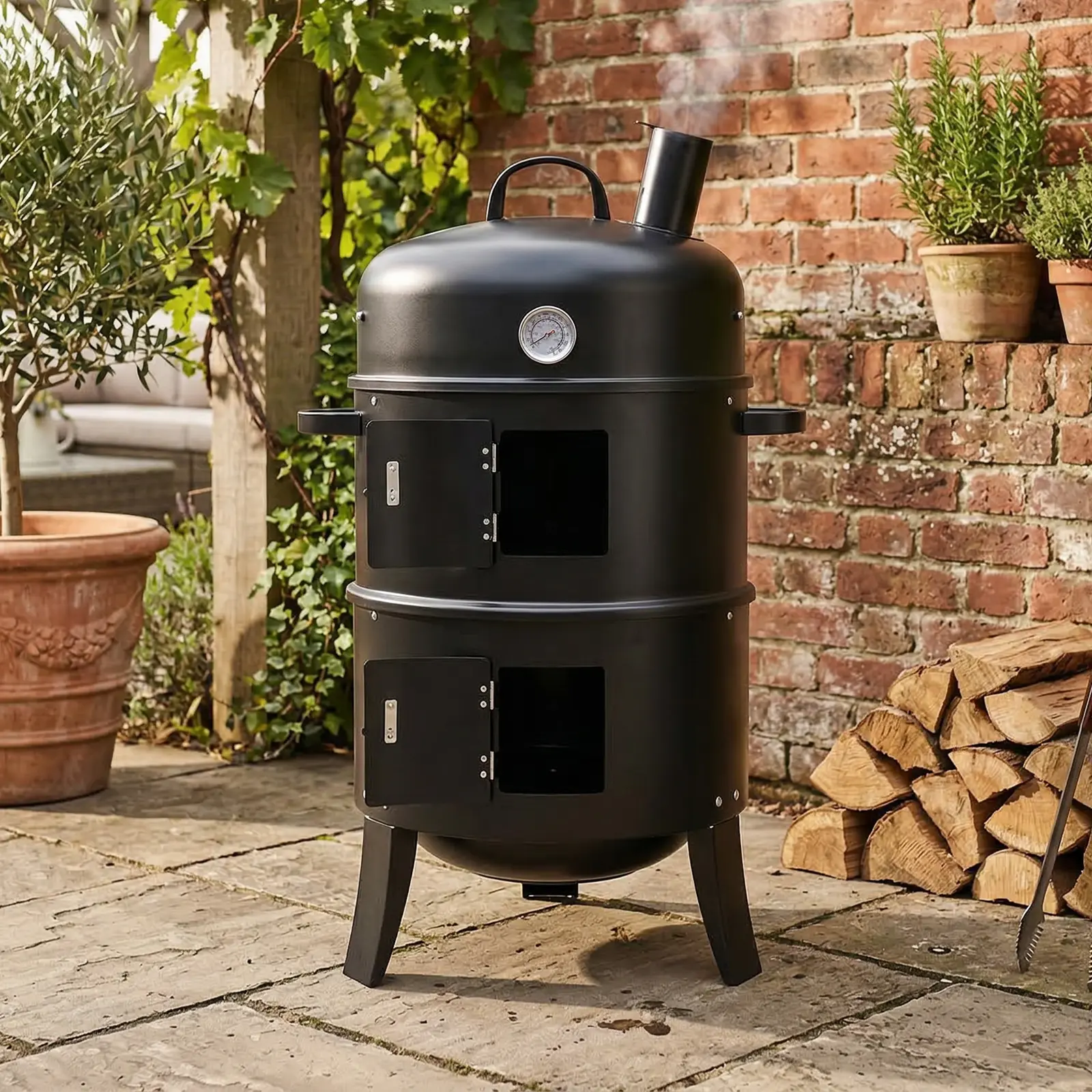 Sturdy Vertical Charcoal Smoker & Grill with Chimney, Handles - Heavy-Duty Powder-Coated Iron BBQ Stove, Traditional Cylindrical Outdoor Cooker for Texas-Style Barbecue & Meat Smoking