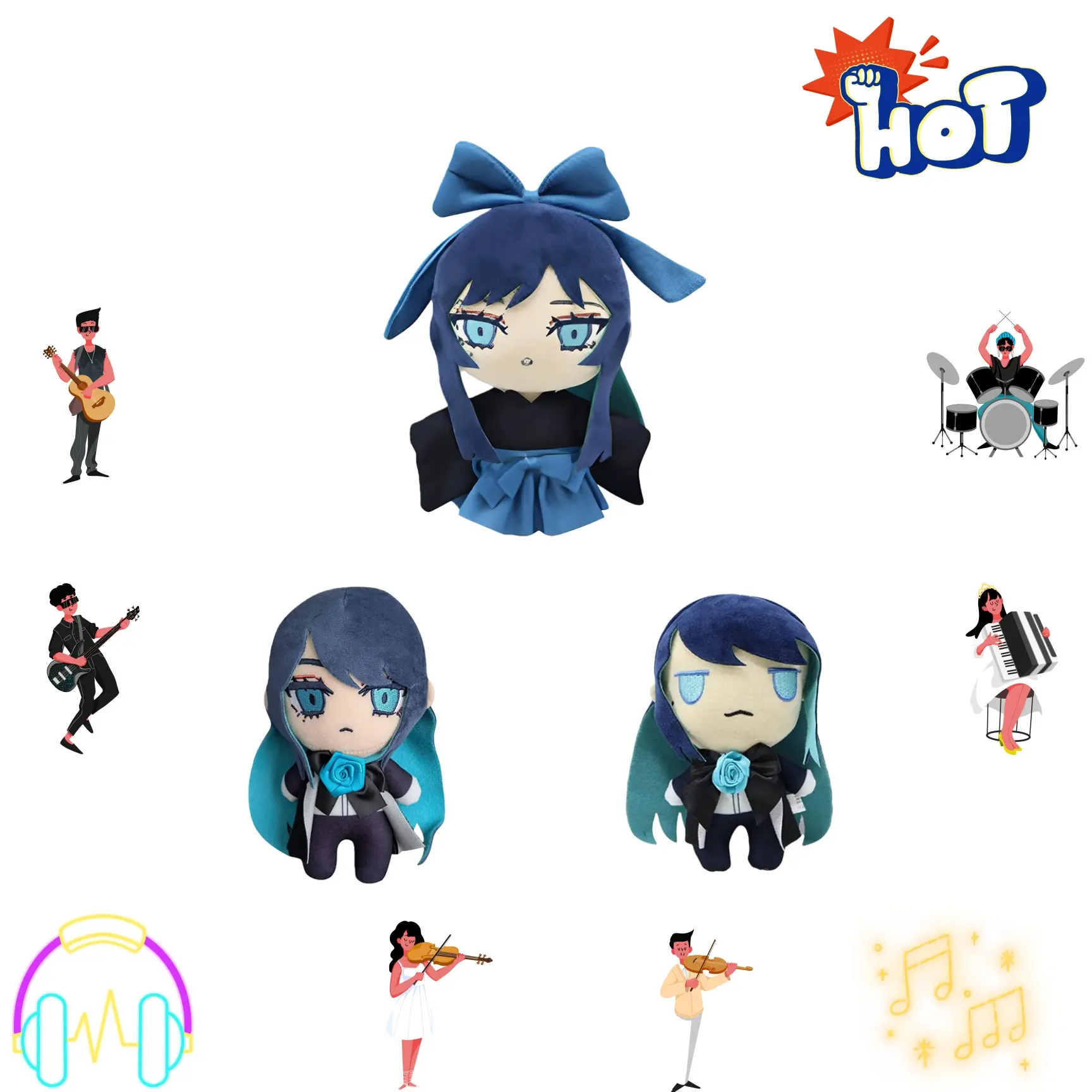 ADO World Tour Hibana Soft Stuffed Collectible Doll - Soft Huggable Ornament, Stress Relief Cushion Pillow, Collectible for ADO Fans, House Decoration for Bedrooms with Blue Hair and Bow