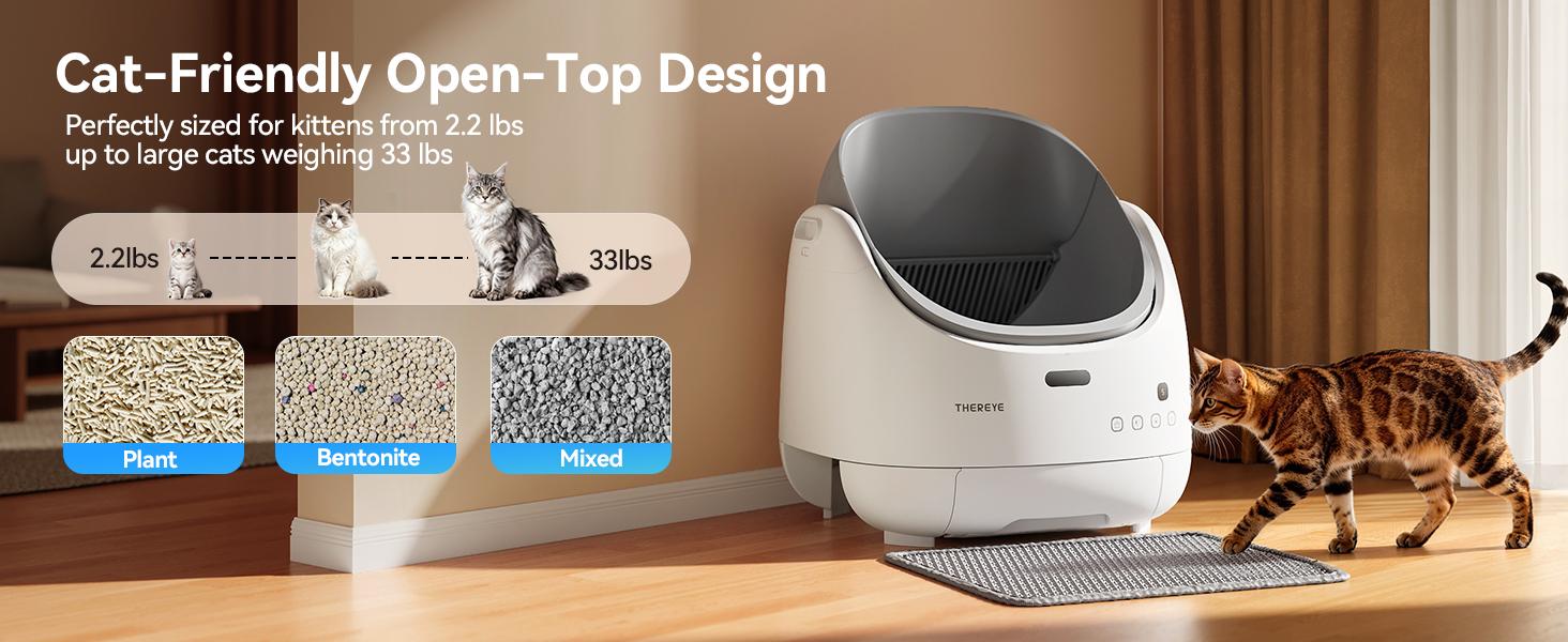 (SC07)Thereye Automatic Litter Box, Self Cleaning Litter Box for Multiple Cats, APP Control and Safety Sensors, Odor Control, Open-Top Smart Cat Litter Box with Trash Bags/Litter Mat