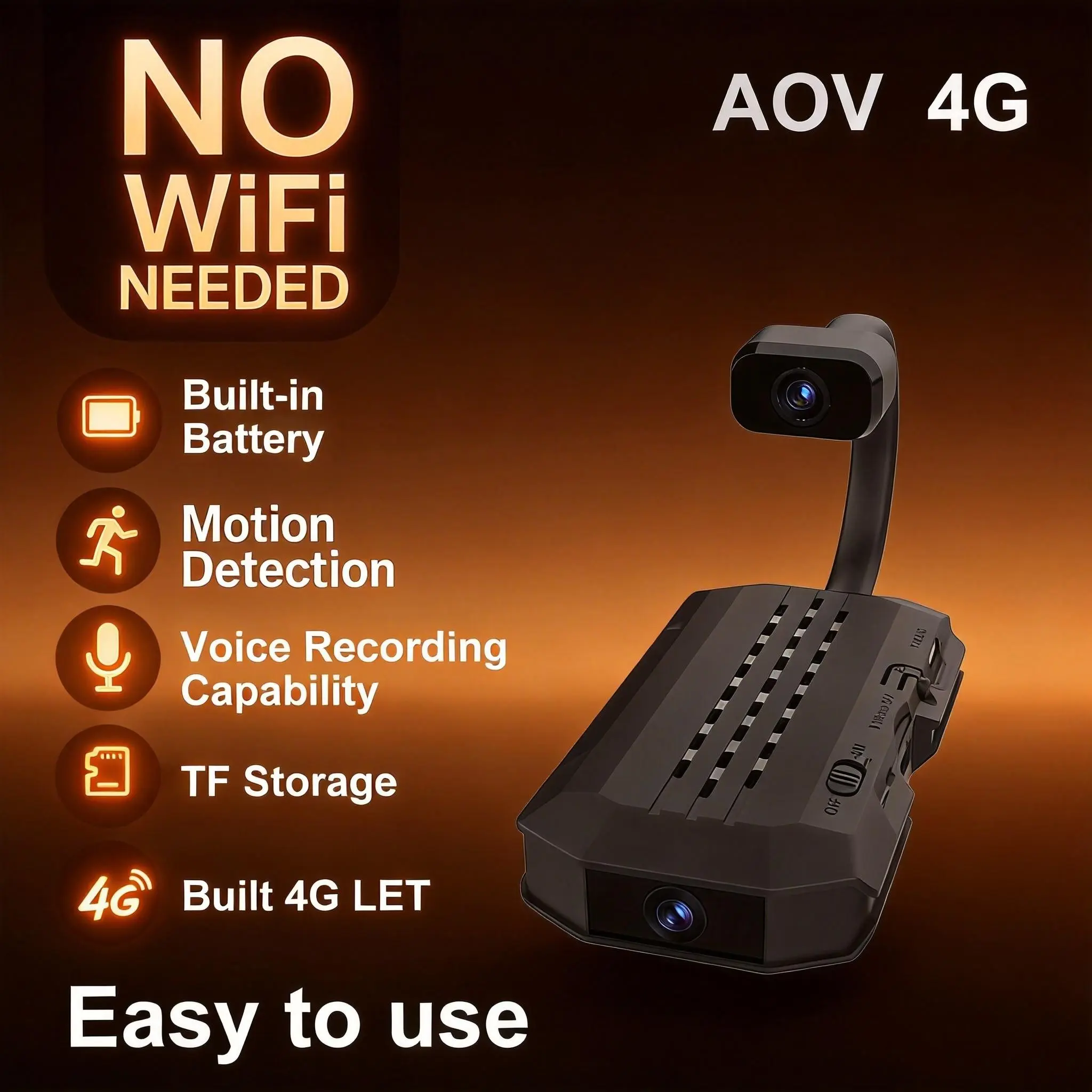 4K Ultra HD Mini AOV Camera, PIR Motion Detection, No WiFi Needed, Built-in SIM & Battery, Night Vision, Audio Recording, SD Card Storage, Easy Install, Real-Time Alerts, perfect for Home, Office, Garage,   Durable Smart Security Device