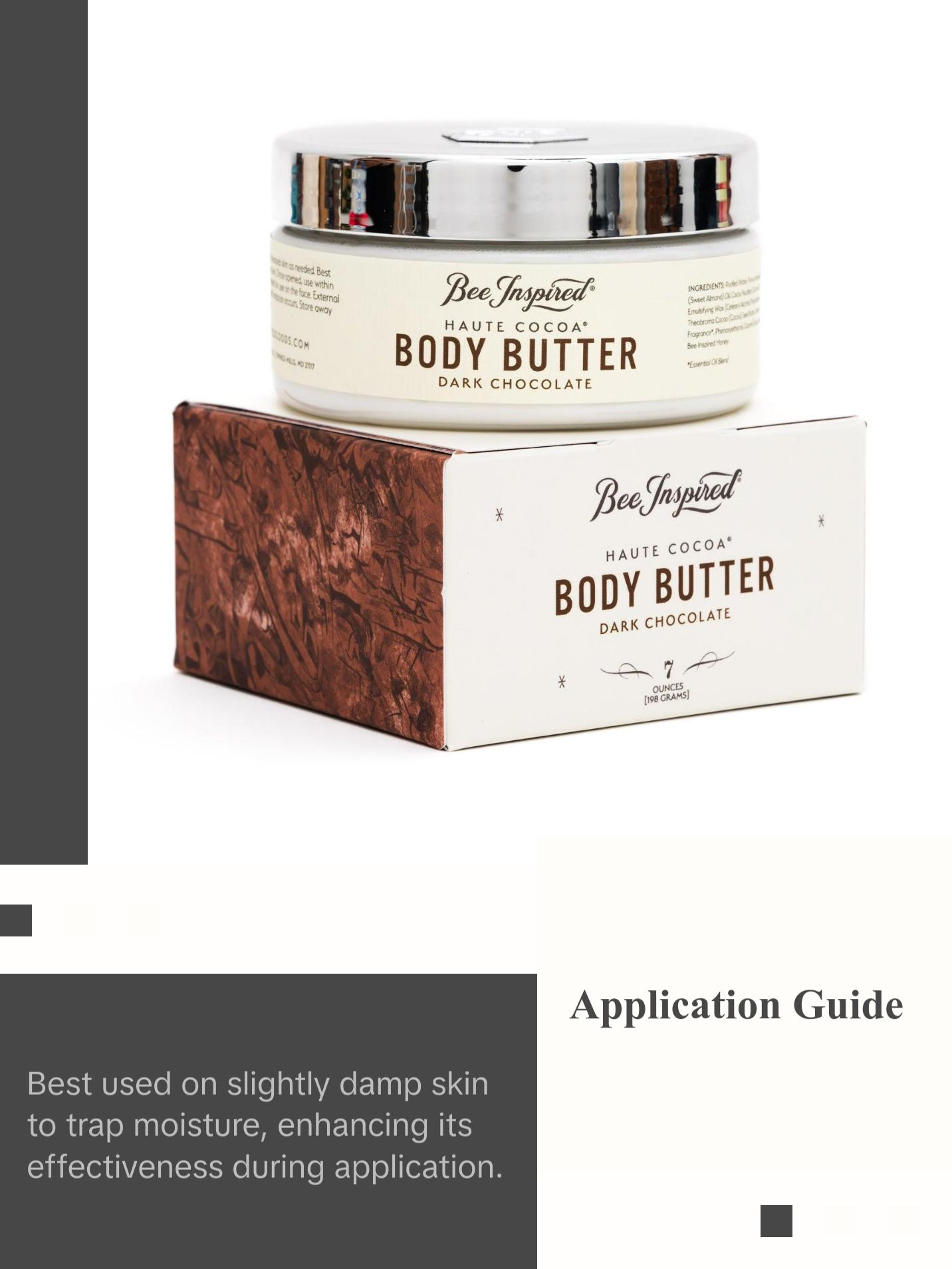 BeeInspired Haute Cocoa Honey Body Butter - Dark Chocolate Scented, 7 oz, Moisturizer for All Skin Types, Handmade in America, Free of Petrochemicals & Dyes