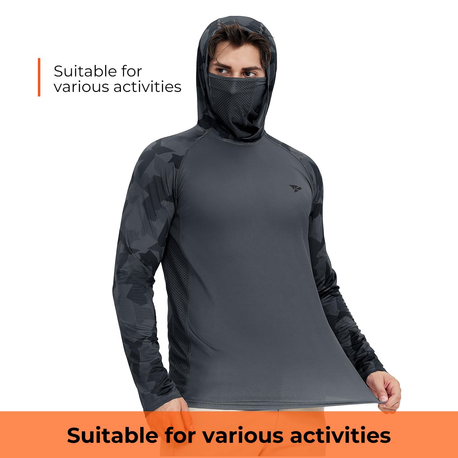 【RODEEL】915 Sun Hoodie Shirts w/ Mask Neck Gaiter Men UPF 50+ UV Protection Long Sleeve Lightweight Quick Dry Moisture Wicking Breathable Cooling Athletic Activewear for Outdoor Fishing Boating Hiking Cycling Construction Roofing Gardening Tree Service