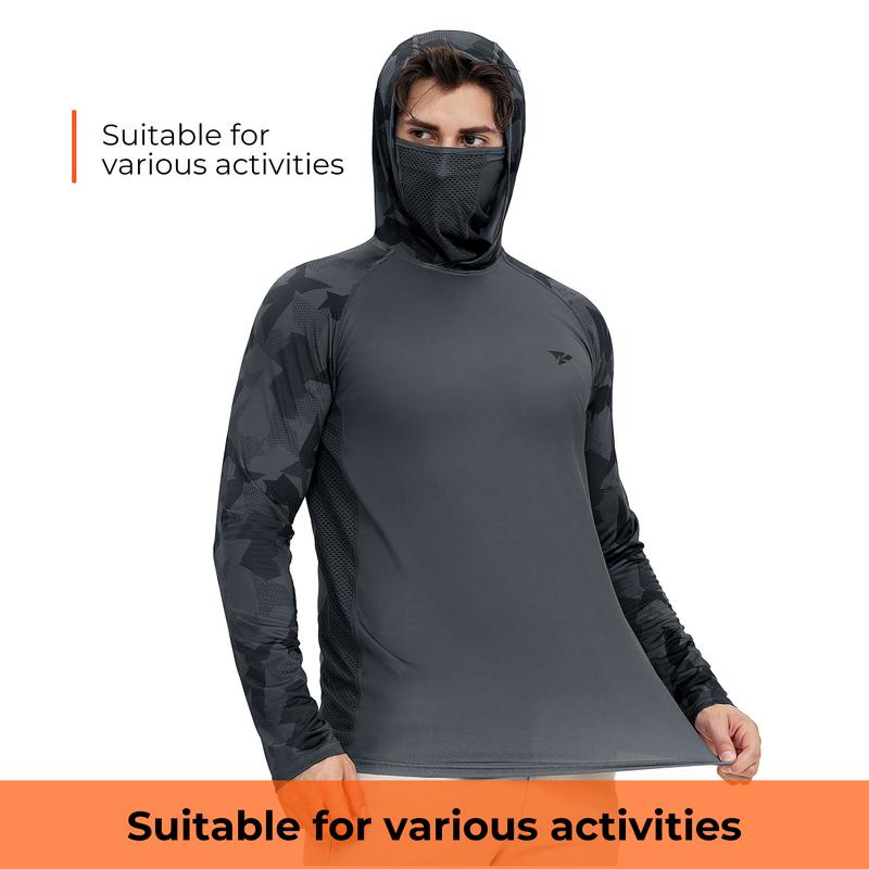 【RODEEL】915 Sun Hoodie Shirts w/ Mask Neck Gaiter Men UPF 50+ UV Protection Long Sleeve Lightweight Quick Dry Moisture Wicking Breathable Cooling Athletic Activewear for Outdoor Fishing Boating Hiking Cycling Construction Roofing Gardening Tree Service
