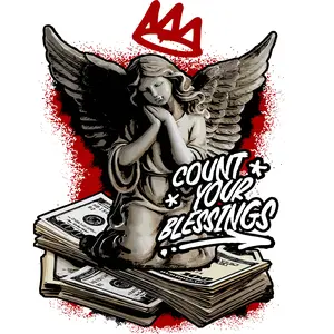 COUNT YOUR BLESSINGS DTF TRANSFER FOR T-SHIRT OR HOODIE with Angel Design and Money Stack Graphic