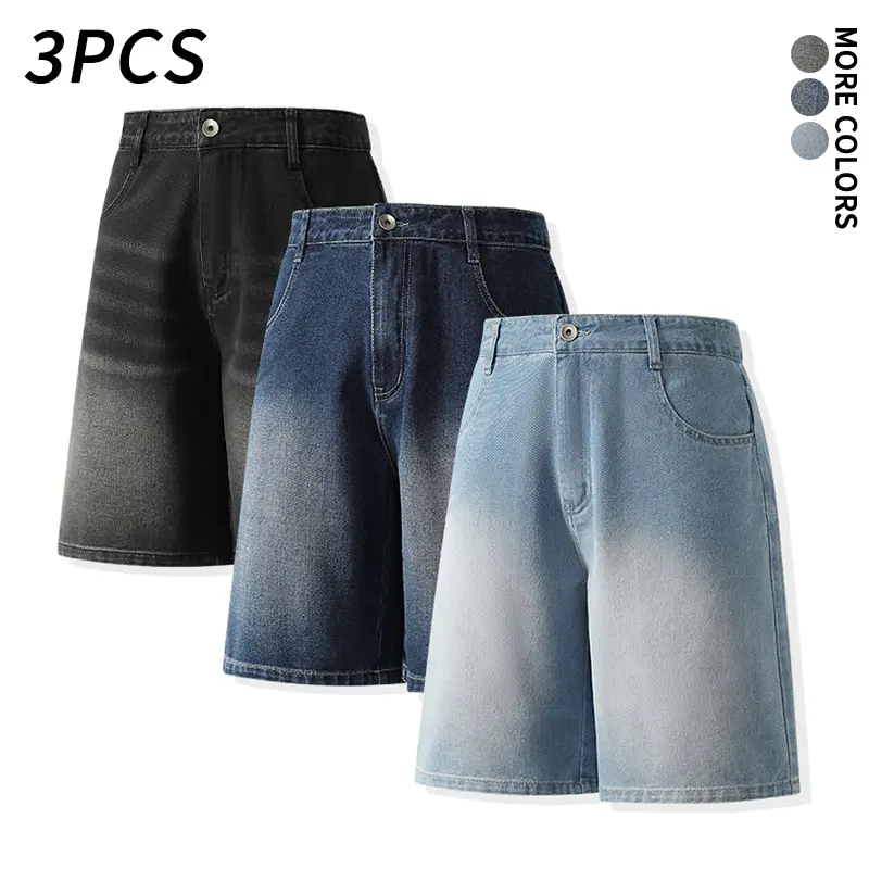 3-PCS men’s vintage gradient washed denim shorts, loose fit, knee length, casual American street style, everyday denim shorts streetwear