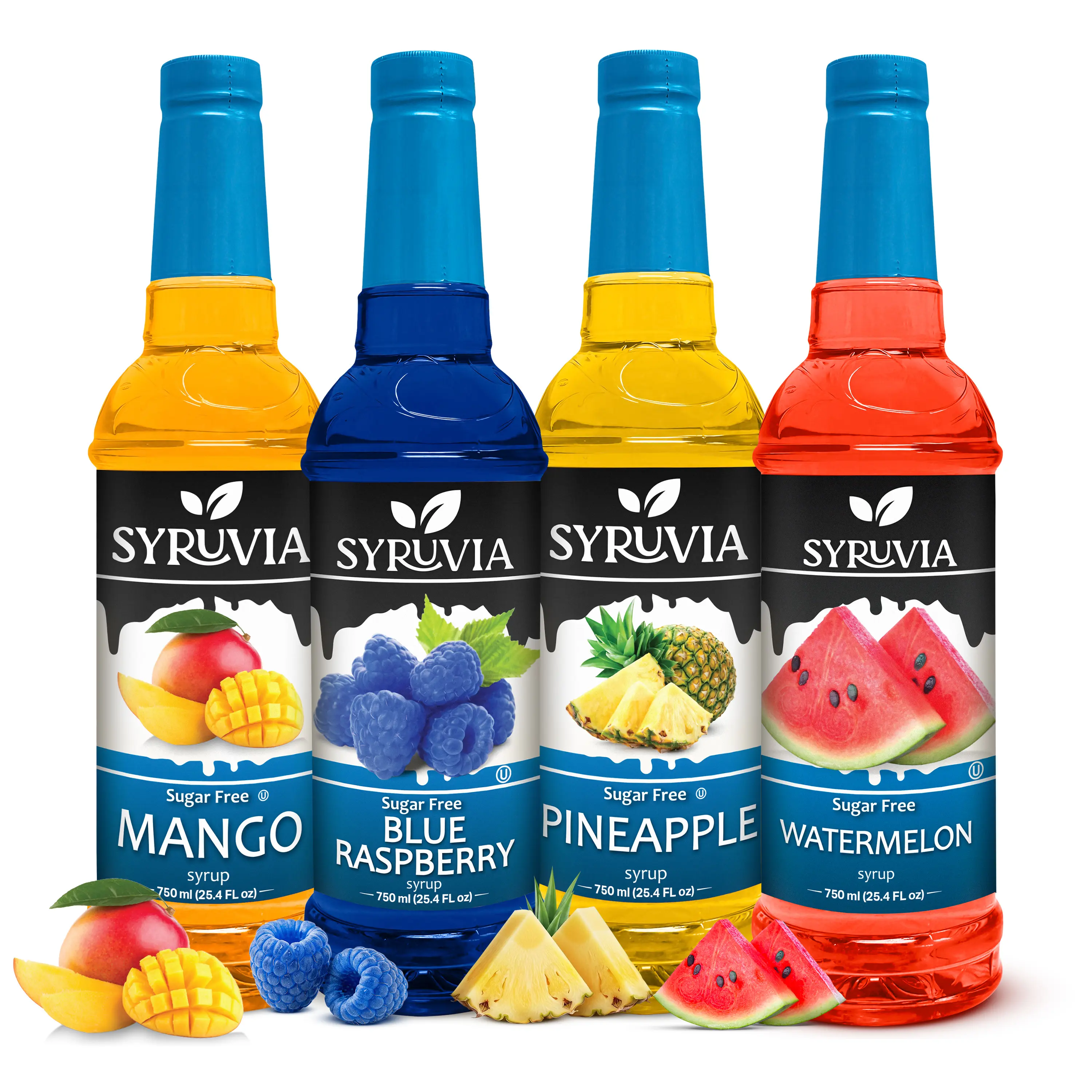 Syruvia Sugar-Free Syrup Fruit Flavors Variety Pack - Mango, Blue Raspberry, Pineapple, Watermelon - Gluten-Free, Kosher, 25.4 fl oz Bottles - Ideal for Beverages (4 Bottles)