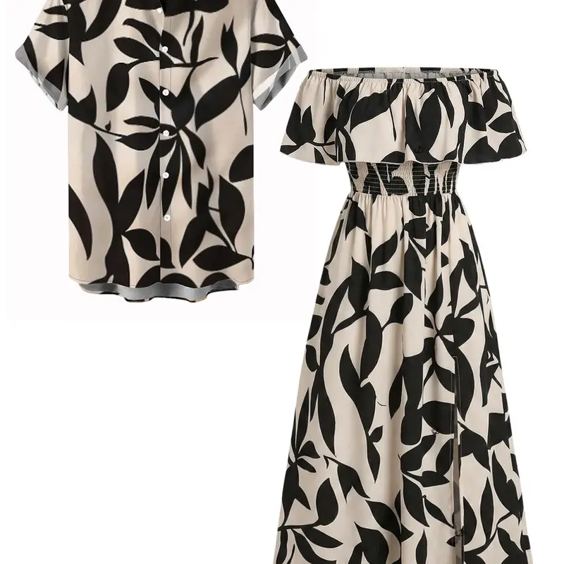 DRESSLILY 2026 Vacation Couple Outfit Women's Leaf Patten Off the Shoulder Slit Long Dress and Men's Short Sleeve Shirt Summer Matching Set