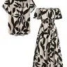 DRESSLILY 2026 Vacation Couple Outfit Women's Leaf Patten Off the Shoulder Slit Long Dress and Men's Short Sleeve Shirt Summer Matching Set