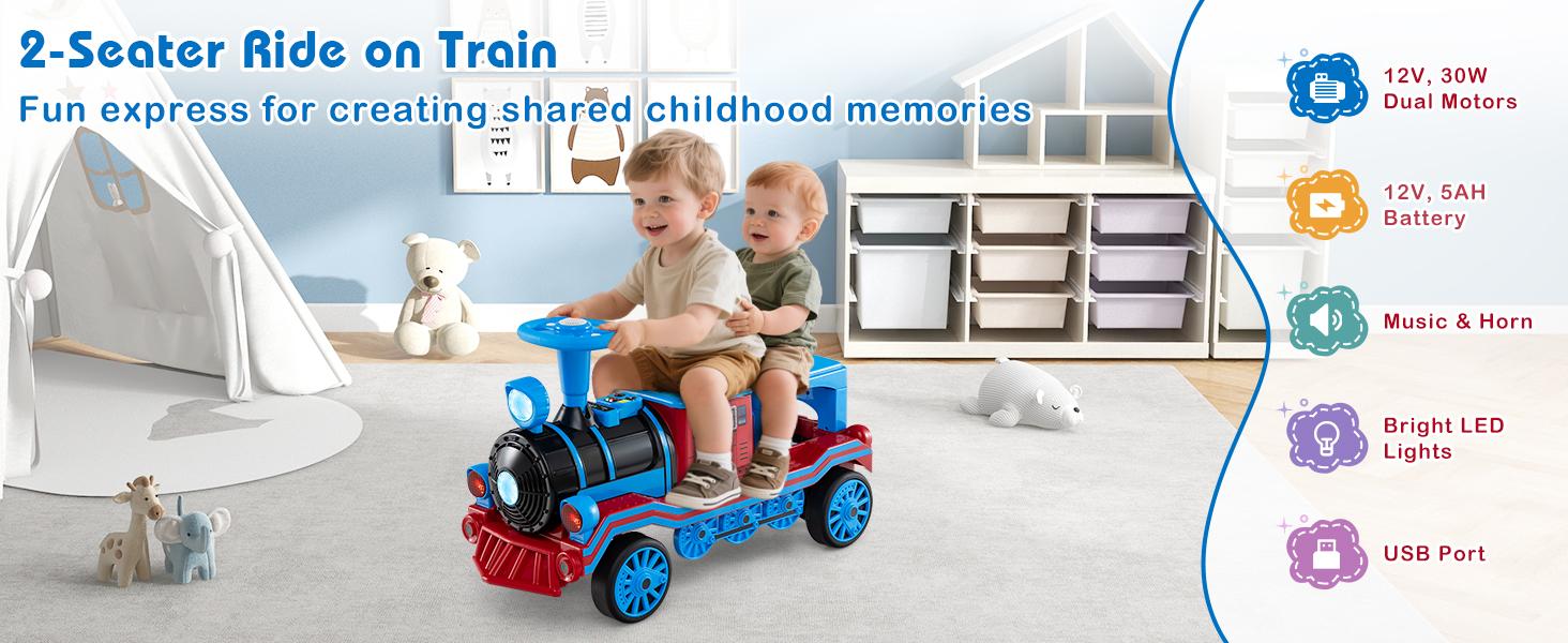 Costway Ride on Train Trackless, 12V 2-Seater Ride on Toy with Train Whistle, LED Lights, Music & Removable Chair, Electric Train w/One-Button & Soft Start, Gift for Boys & Girls,Christmas Festival Gift Black Friday Cyber Monday