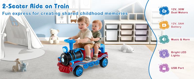 Costway Ride on Train Trackless, 12V 2-Seater Ride on Toy with Train Whistle, LED Lights, Music & Removable Chair, Electric Train w/One-Button & Soft Start, Gift for Boys & Girls,Christmas Festival Gift Black Friday Cyber Monday
