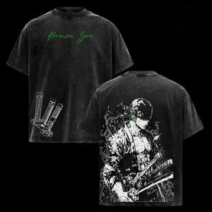 valentine shirts Zoro Three Swords Vintage Washed Oversized T-Shirt Op Retro Anime Manga Tee for One Piece Fans & Streetwear Lovers
