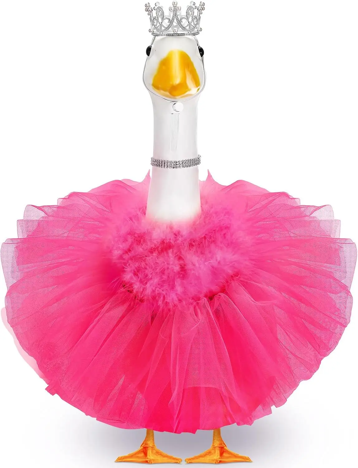 4 Pcs Princess Themed Cement Lawn Goose Outfit for 23" Geese, Fabric Set with Sturdy Plastic Crown, Necklace, Tutu Skirt, Feather Trim & Feather Accessories, for Outdoor Garden Art Decor, Themed Photoshoots & Birthday Parties to Get Fairy-Tale Charm
