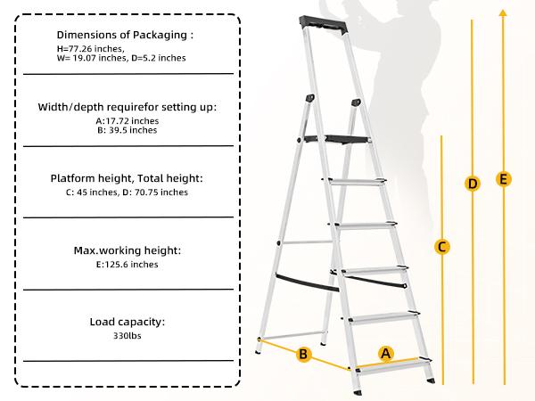 6-Step Aluminum Folding Ladder, 330 lbs Capacity with Wide Non-Slip Steps, Steel Platform, Slim Fold Design