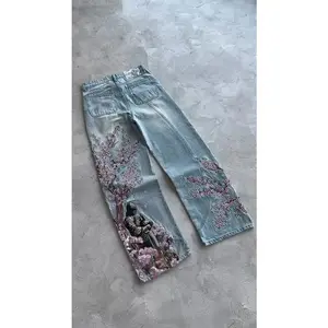 Women Cherry Blossom Knight All Embroidery Denim Pants Y2k Vintage Baggy Street Straight Jeans High Waisted Washed Blue Jean Can be used with raincoat