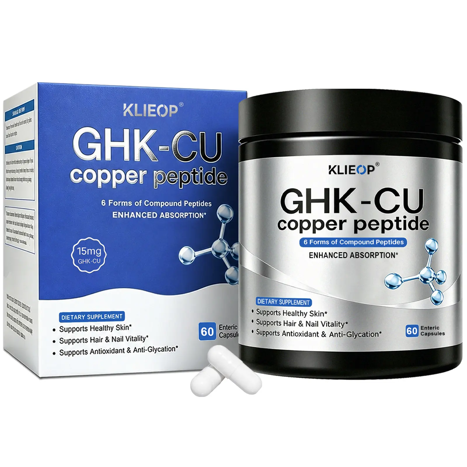 GHK-Cu Copper Peptide Supplement, 6-in-1 Peptide Complex, with Marine Collagen, Keratin & Elastin Peptides, For Skin Hair & Nails Easy to Absorb 60 Enteric Capsules