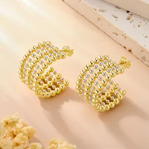ALEXCRAFT  Delicate Two-Tone Small Bead Open Hoop Earrings, Chunky Hoops for Women, Fashion C-Shaped Earrings, Everyday Gold Earrings Gift for Her, Hypoallergenic Earrings，accessories for women summerwins,summerwins