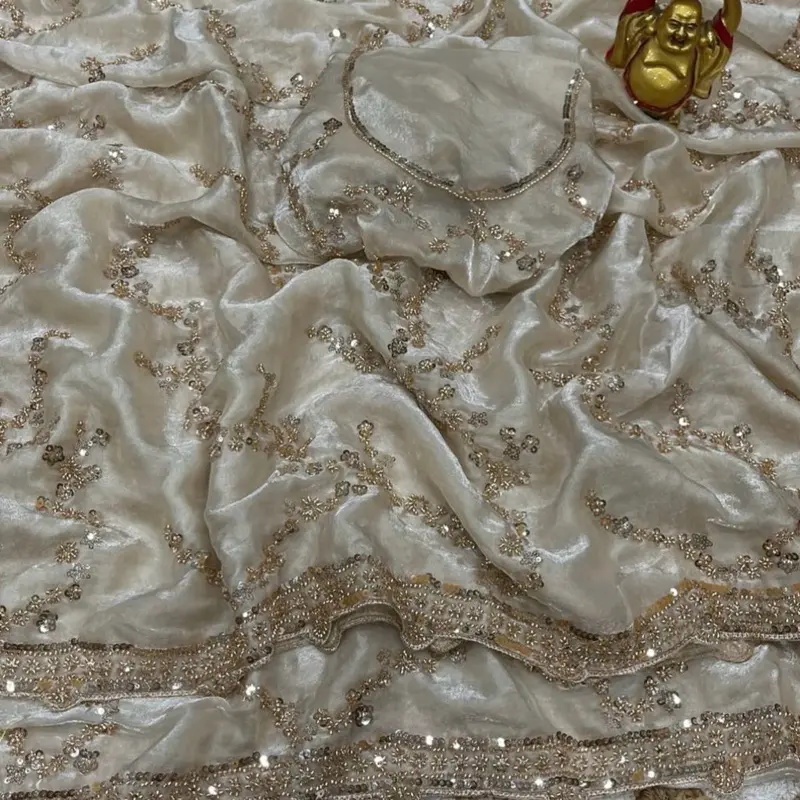Indian Wedding Saree with Gold Handwork in Space Silk Fabric Party Bridal