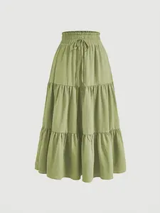 Women's High-Waisted Solid Maxi Skirt - Ruffled Hem, Polyester Blend, Casual Spring/Summer Fashion Bottom, Machine Washable