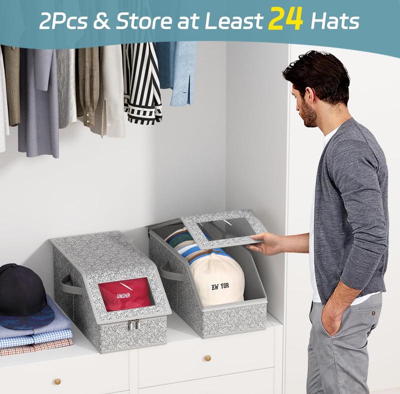 2 PCS Stackable Hat Storage Boxes for Baseball Caps, Holds Up to 24 Hats, Durable Cardboard Box for Men, Classic Style, Wardrobe Organizer