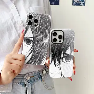 Attack on Titan Eren & Mikasa Sketch Style Couple Phone Case Set - 2Pcs Manga Art Eyes Design |   AOT Anime Cover iPhone17 16promax15 14 13 12 11
