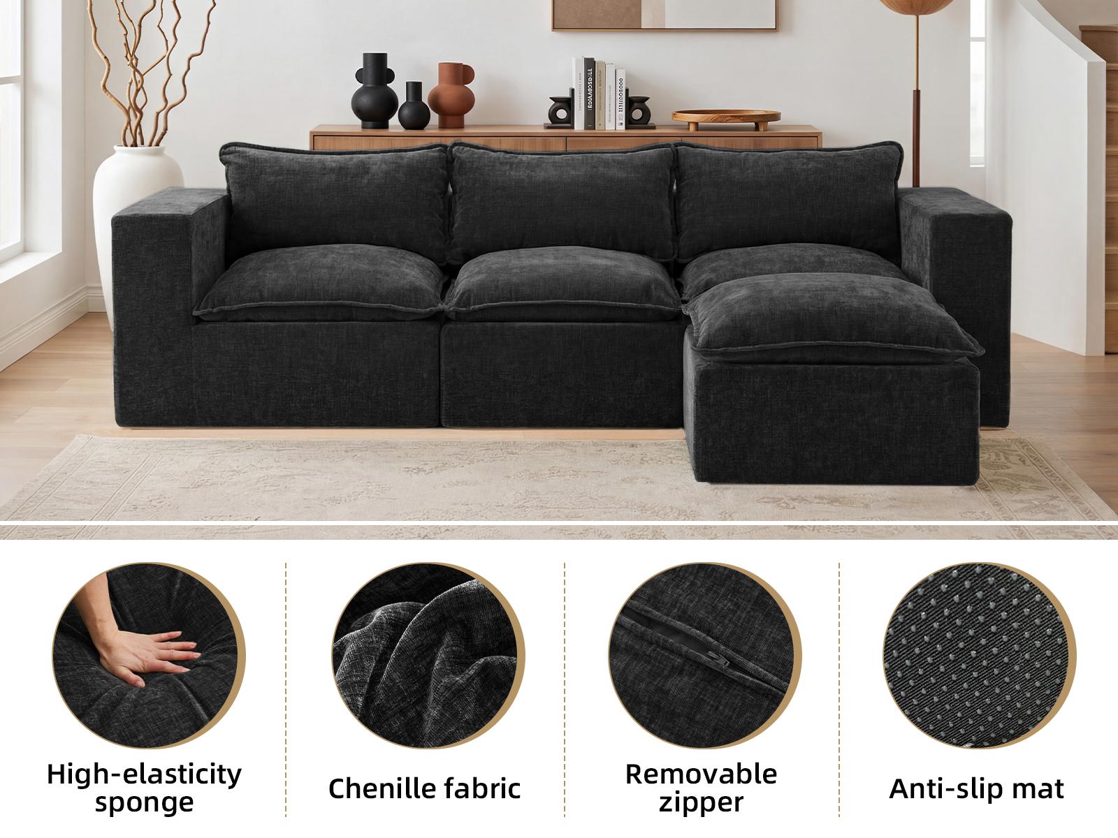 UDPATIO Boneless Couch with Chaise, Chenille Modular Sectional Boneless Sofa Big Comfy Couch with Removable Washable Cover couches for living room, Bedroom No Assembly SpringBreak