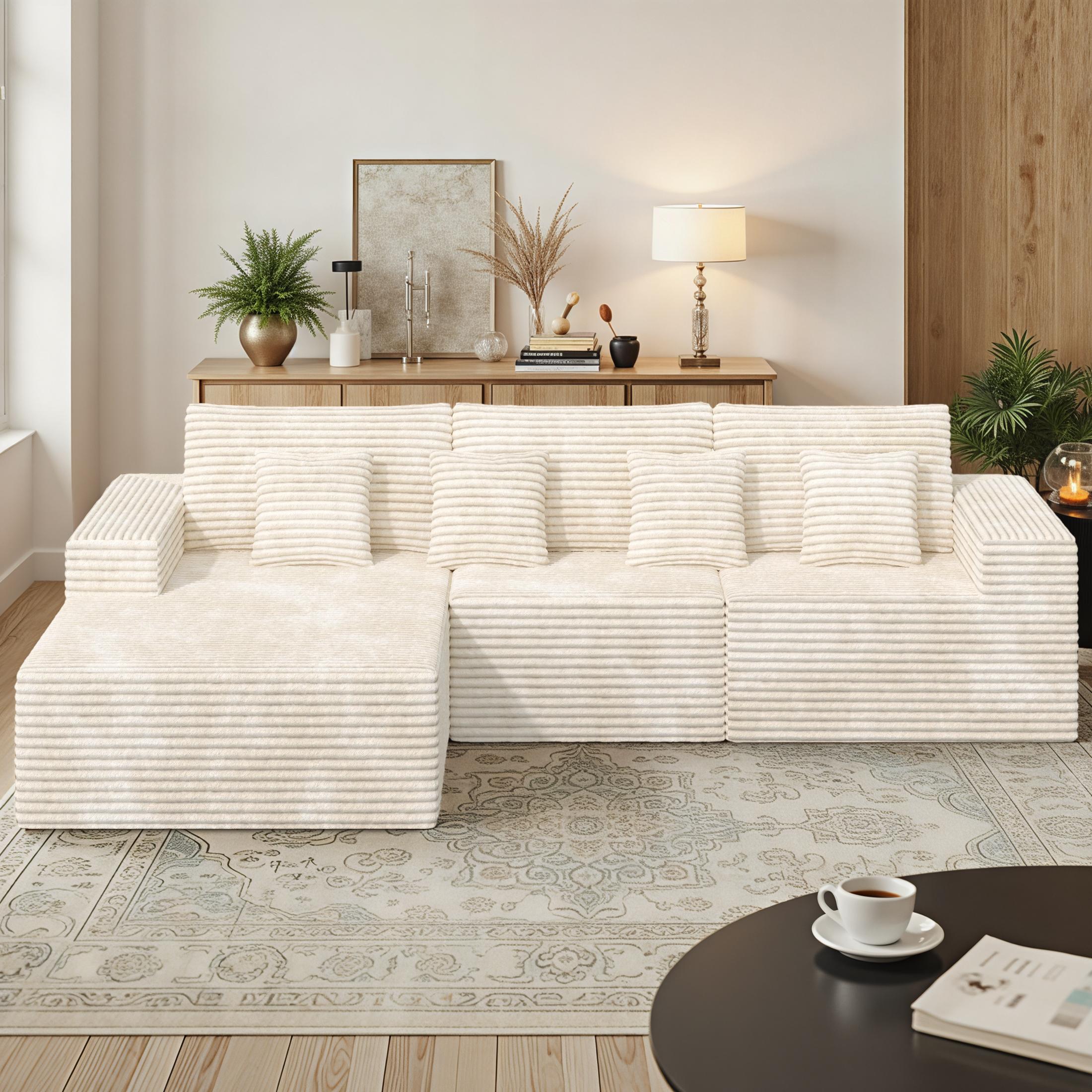 【Shipped in Two Packages】111" L-Shaped Corduroy Modular Sectional Sofa With Chaise, Deep Seat Foam Couch With Removable Pillows, No Assembly