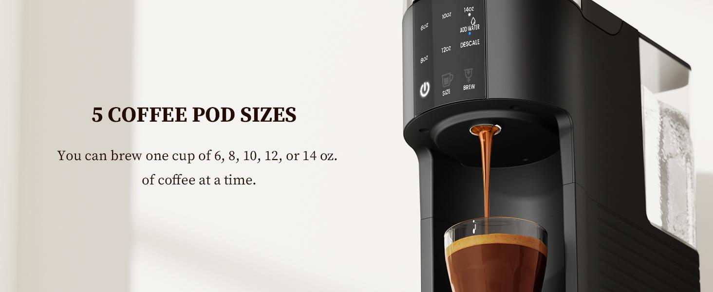 Coffee Machine K-Cup Pods & Ground Coffee Maker, Latte and Cappuccino Maker, 5 Brew Sizes Up To 14 Oz, with 40oz Removable Water Tank, Self-cleaning Function, Black