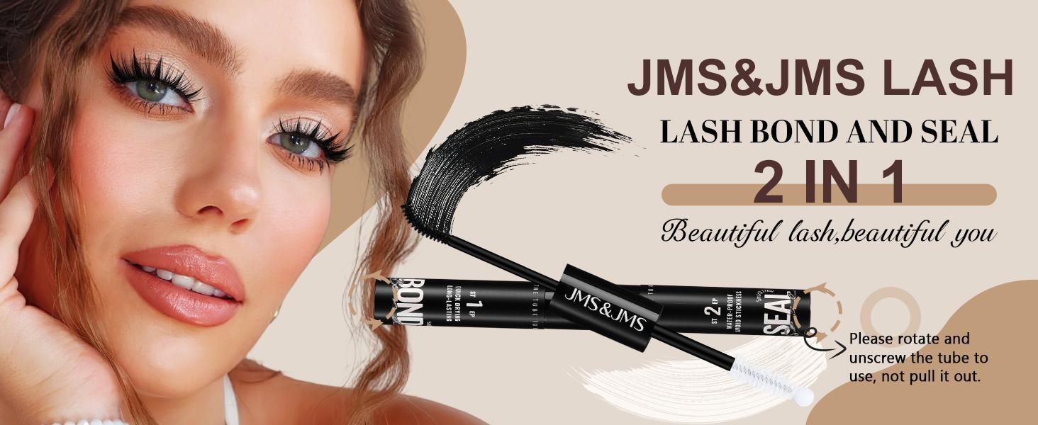 2 in 1 Lash Bond&Seal l JMS&JMS Waterproof Black Eyelash Glue,Survive Showers Swims,Stronghold,Quick-Drying Easy to Remove&No Residue Long Lasting Sleep-proof,Lock Eye Makeup