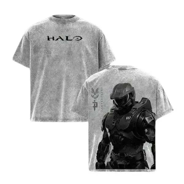 Men's Vintage Washed Oversized Light Grey Acid Wash Short-Sleeve Seamless HALO Master Chief 117 Graphic Tee - Front UNSC Logo, Double-Sided Print, Streetwear Apparel Clothes for Gaming Casual Use
