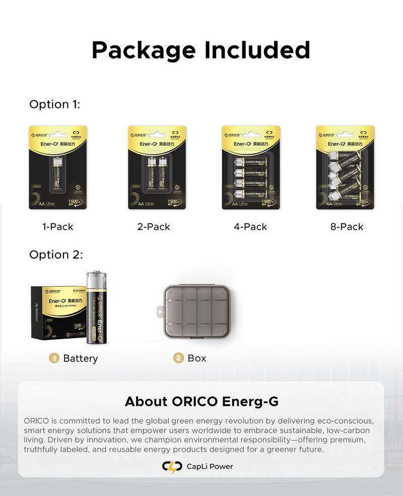 ORICO Ener-G Lithium ion Battery Rechargeable AA Batteries 1400mWh USB-A Direct Charging 1.5H Fast Full-Charged 1500 Cycles for Mouse Keyboards RC Remotes Flashlights-EG5A