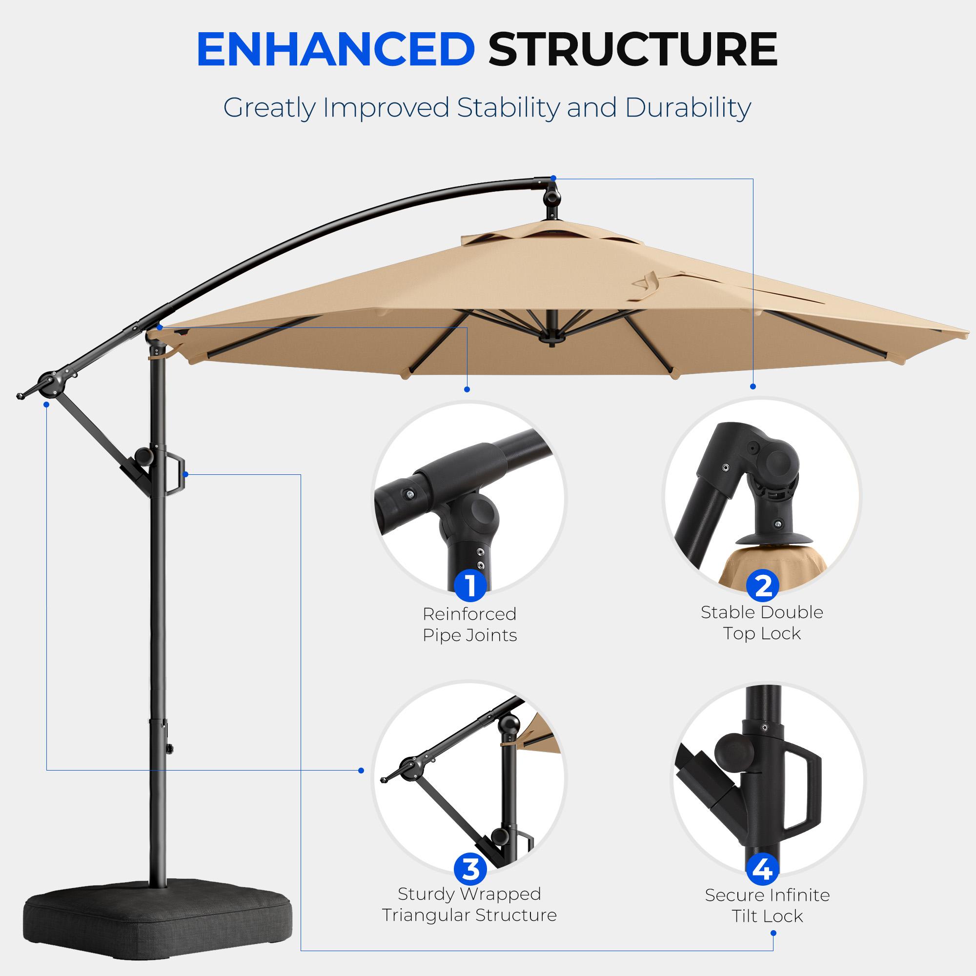 【Spring Sale】10ft Solar Outdoor Patio Umbrella, UPF50+ UVOutdoor Table Umbrella, Yard Umbrella, Market Umbrella with 8 Sturdy Ribs, Push Button Tilt and Crank- with Base