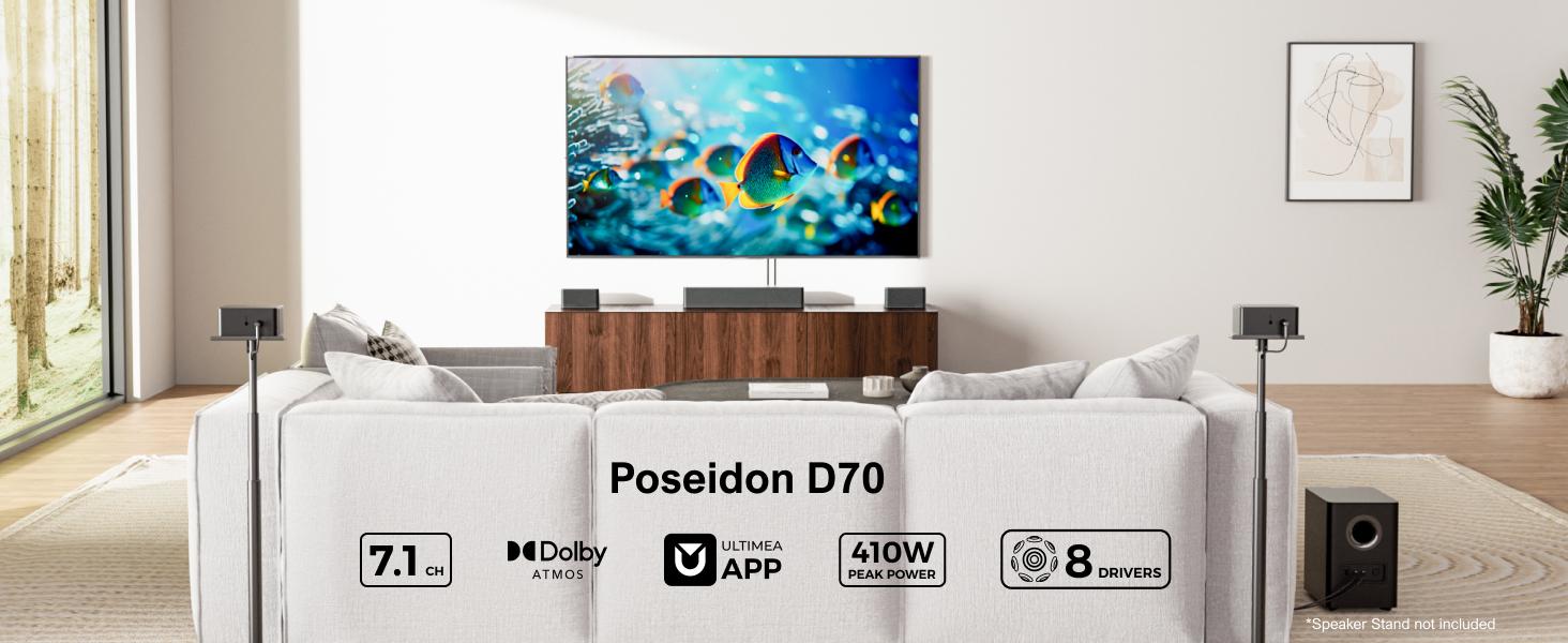 ULTIMEA Poseidon D70 7.1ch Soundbar with Wireless 6.5" Subwoofer, Surround Sound System for TV, App Control, 410W Peak Power, Soundbar for TV, Movie, Music, 4 Wired Surround Speakers, Bassx, Home Theater Sound System, Bluetooth, HDMI, AUX, APP Control