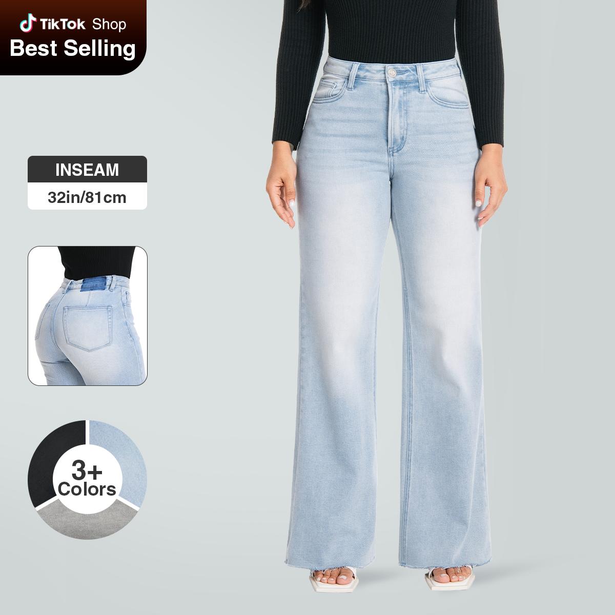 Joy Vogatiques BlueMoment Stretchy High Waist Wide Leg Jeans for Women Basic Denim Pants Raw Hem Underwear Trouser Lady