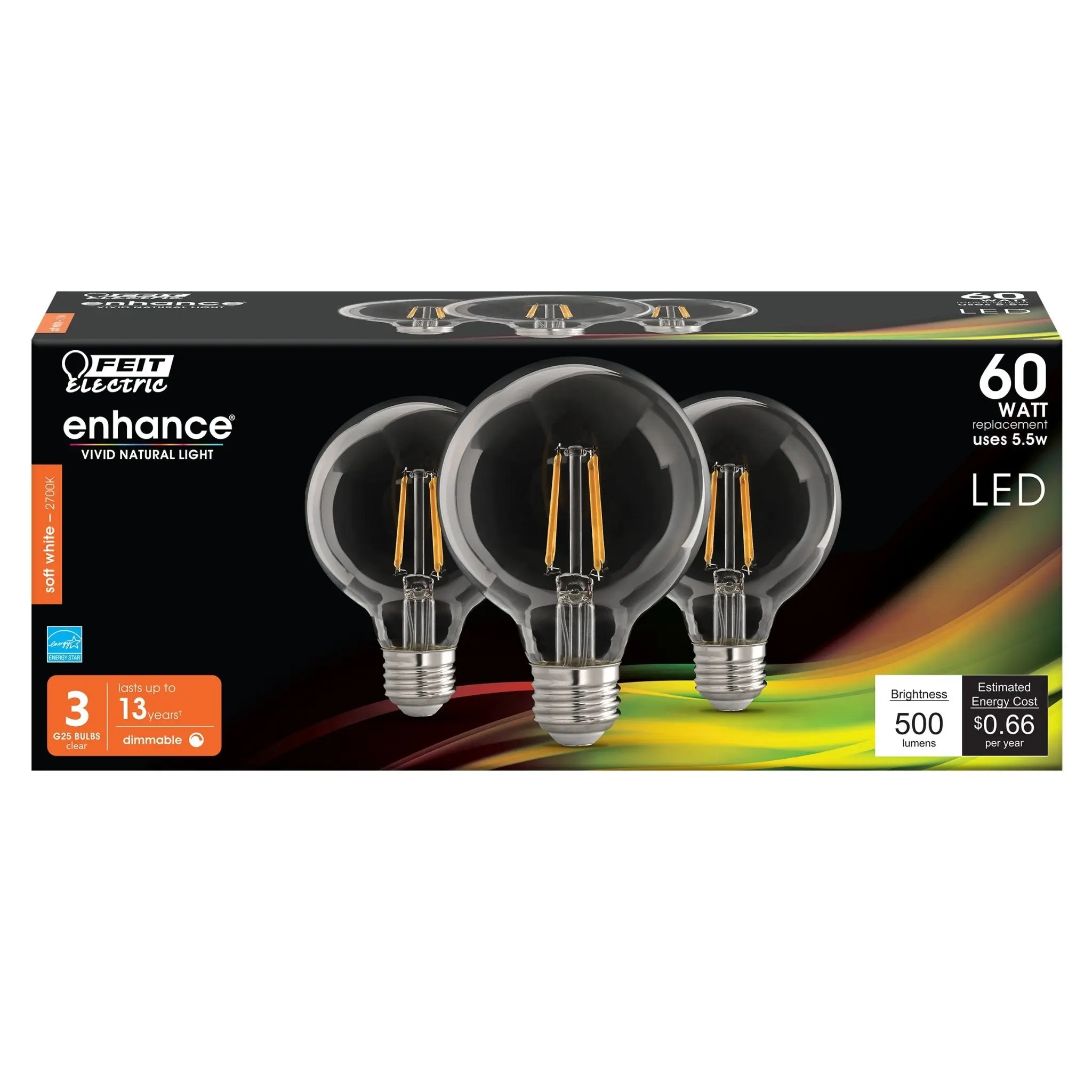 Feit Electric 60 Watt Replacement Soft White 2700K G25 Globe Dimmable LED Light Bulb 3 Pack