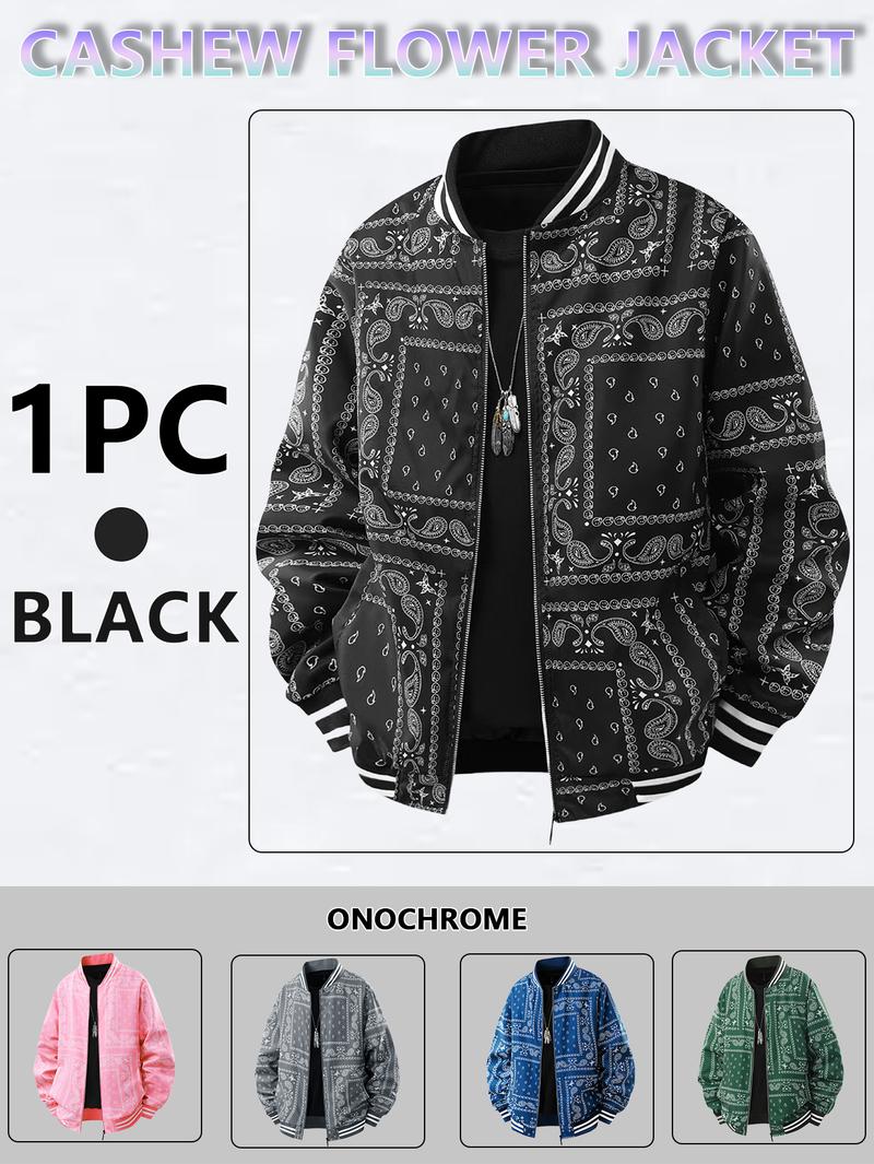 Men's Casual Cashew Flower Varsity Jacket, Vintage Lightweight Bomber Baseball Collar Jackets, Classic Fabric, Men's Fashion Stylish, Men's jackets, Streetwear, Men's Clothing Halloween Gifts