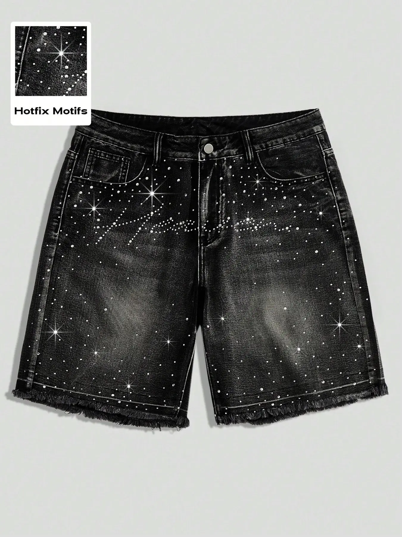 American Streetwear Summer Denim Five-Quarter Shorts, Black/Retro Blue, Unique Rhinestone Loose-Fit Wide-Leg Design