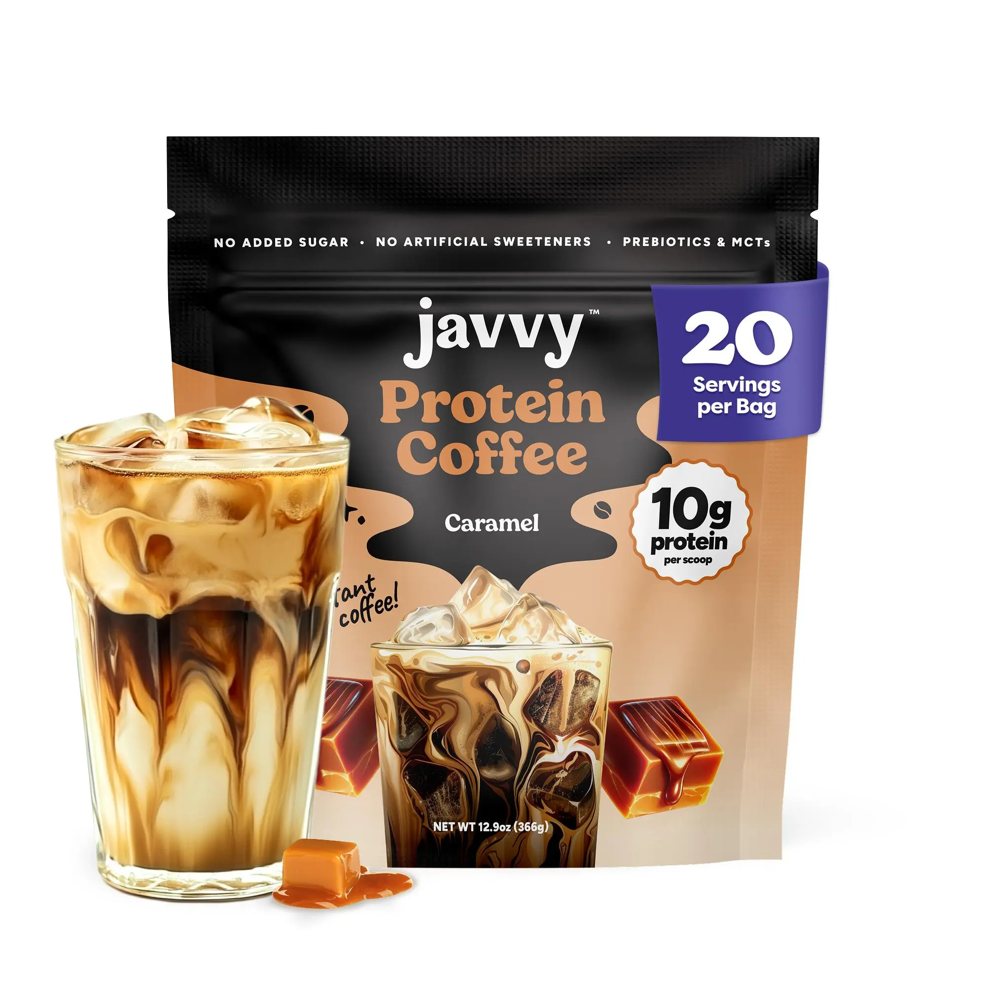 Javvy Caramel Protein Iced Coffee Beverage - Pre-Packaged Instant Coffee, Premium Whey Protein, Arabica Beans Natural Blend, 100% Natural Cold Brew, 0 Additives, 0 Artificial Flavors/Sweeteners, 80mg Caffeine, No Added Sugar, 20 Servings