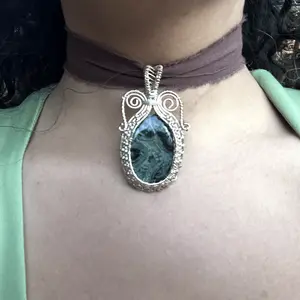 Handmade Copper Wire-Wrapped Crocodile Jasper Gemstone Choker, on 100% Cotton Ribbon Cord